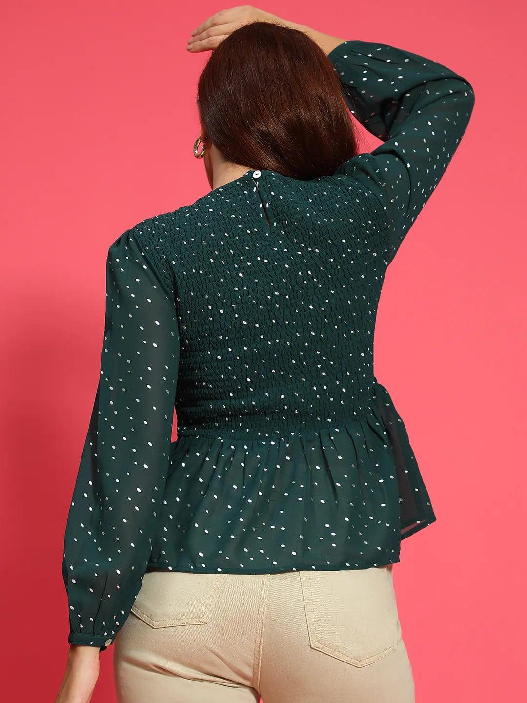 Styler Green Long Sleeve Smocked  Women Peplum Top