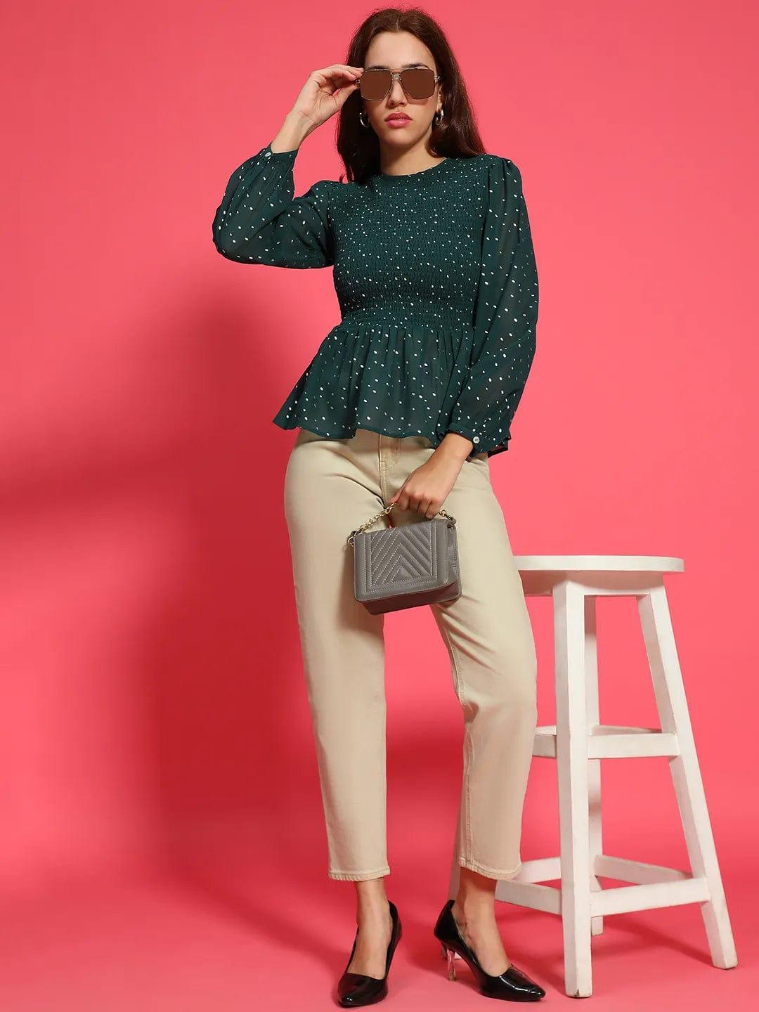 Styler Green Long Sleeve Smocked  Women Peplum Top