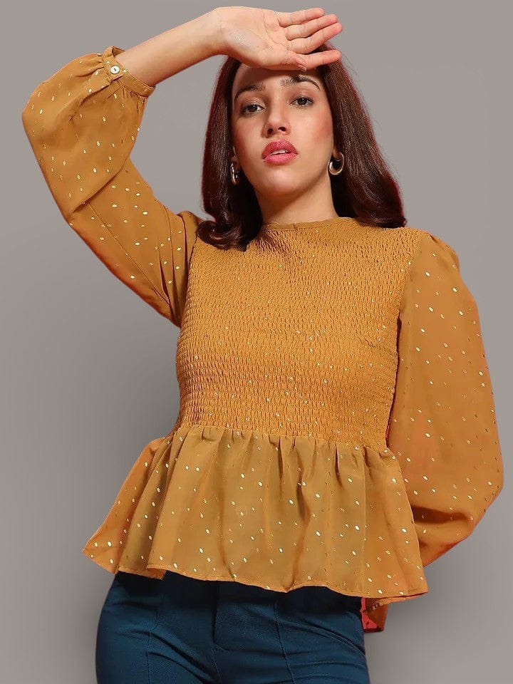 Smocked Peplum Top - Mustard Long Sleeve Blouse With Foil Print Detail