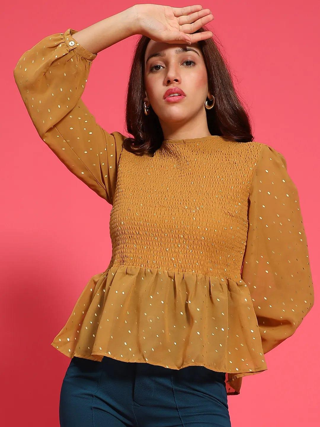 Magic Mustard Long Sleeve Smocked  Women Peplum Top