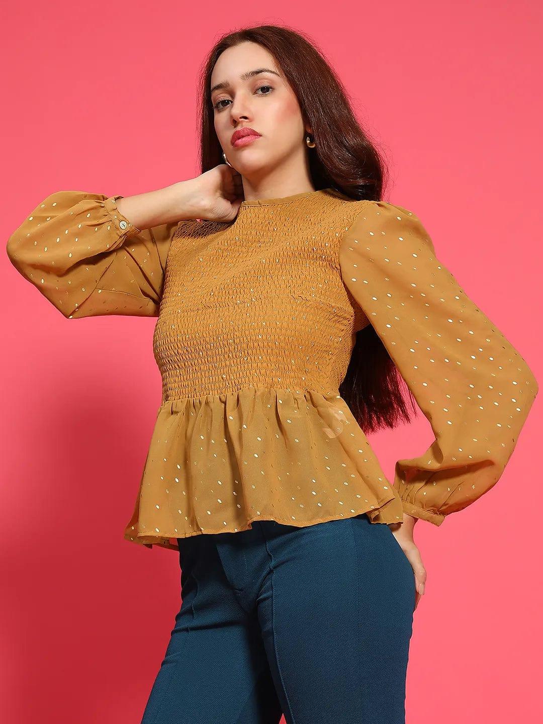 Magic Mustard Long Sleeve Smocked  Women Peplum Top