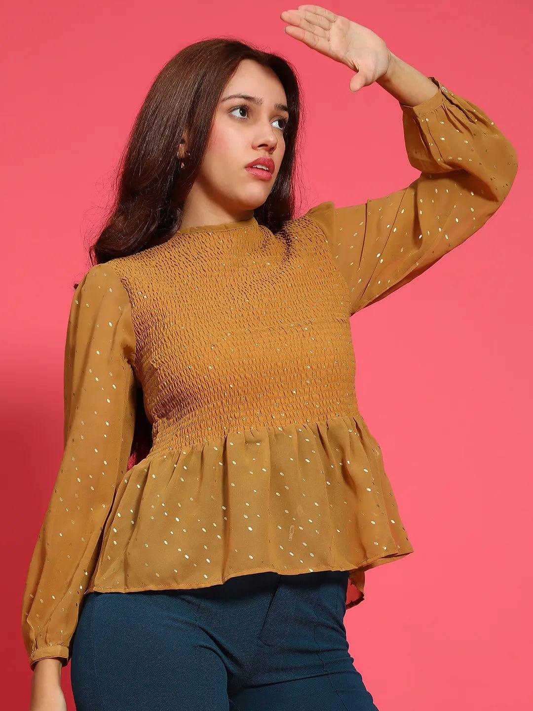 Magic Mustard Long Sleeve Smocked  Women Peplum Top