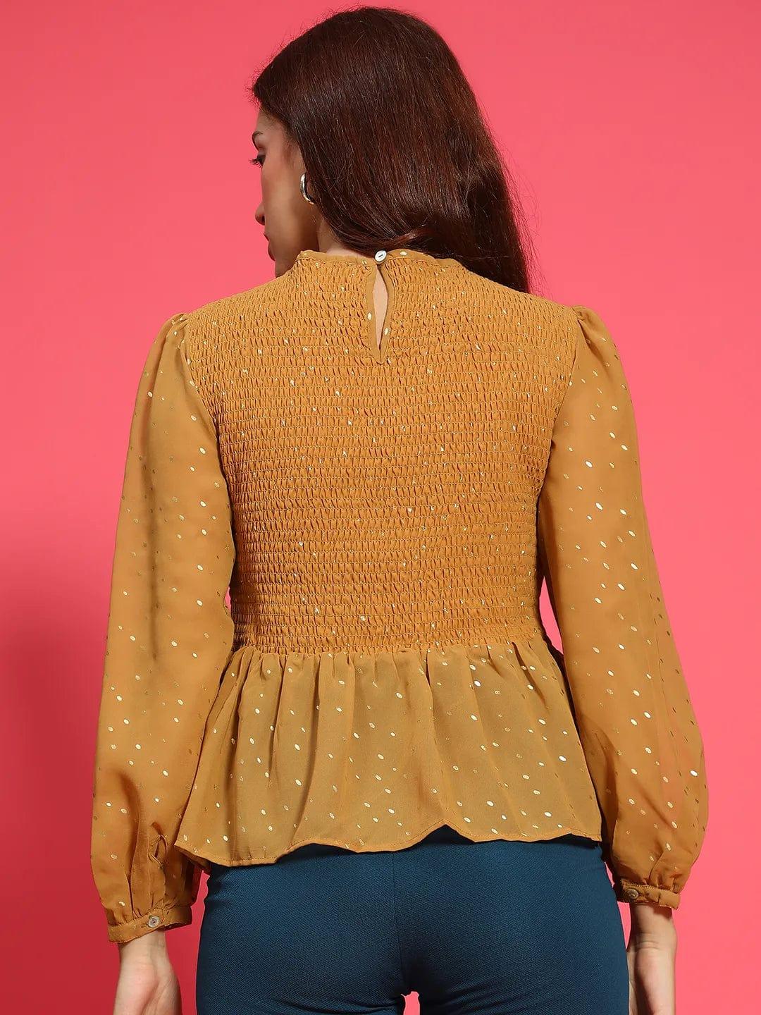 Magic Mustard Long Sleeve Smocked  Women Peplum Top