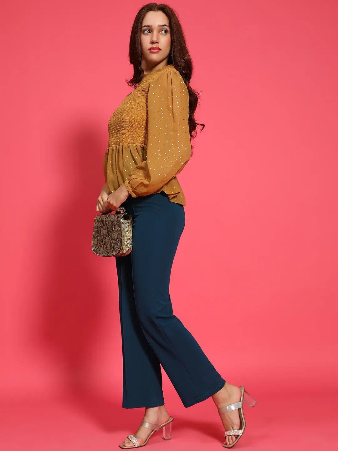 Magic Mustard Long Sleeve Smocked  Women Peplum Top