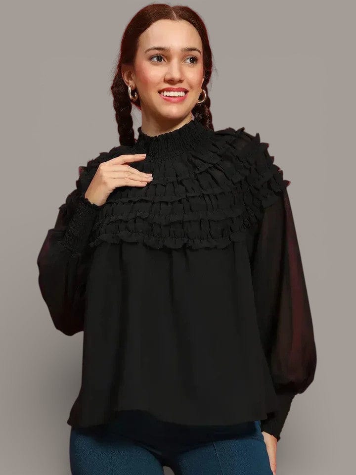 Black Frill Sleeve Top - Semi Sheer Polyester Women's Long Sleeve Blouse