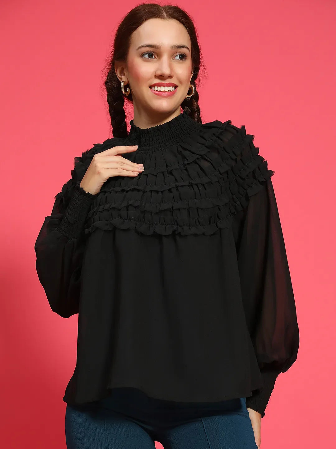 Top Up Black Long Sleeve Frill Detail Semi Sheer Women Top