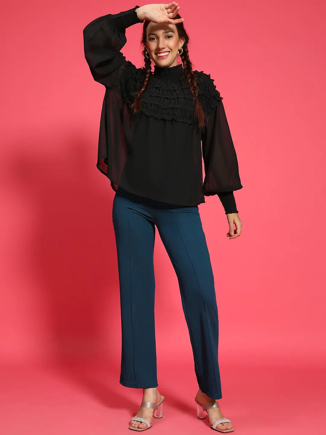 Top Up Black Long Sleeve Frill Detail Semi Sheer Women Top