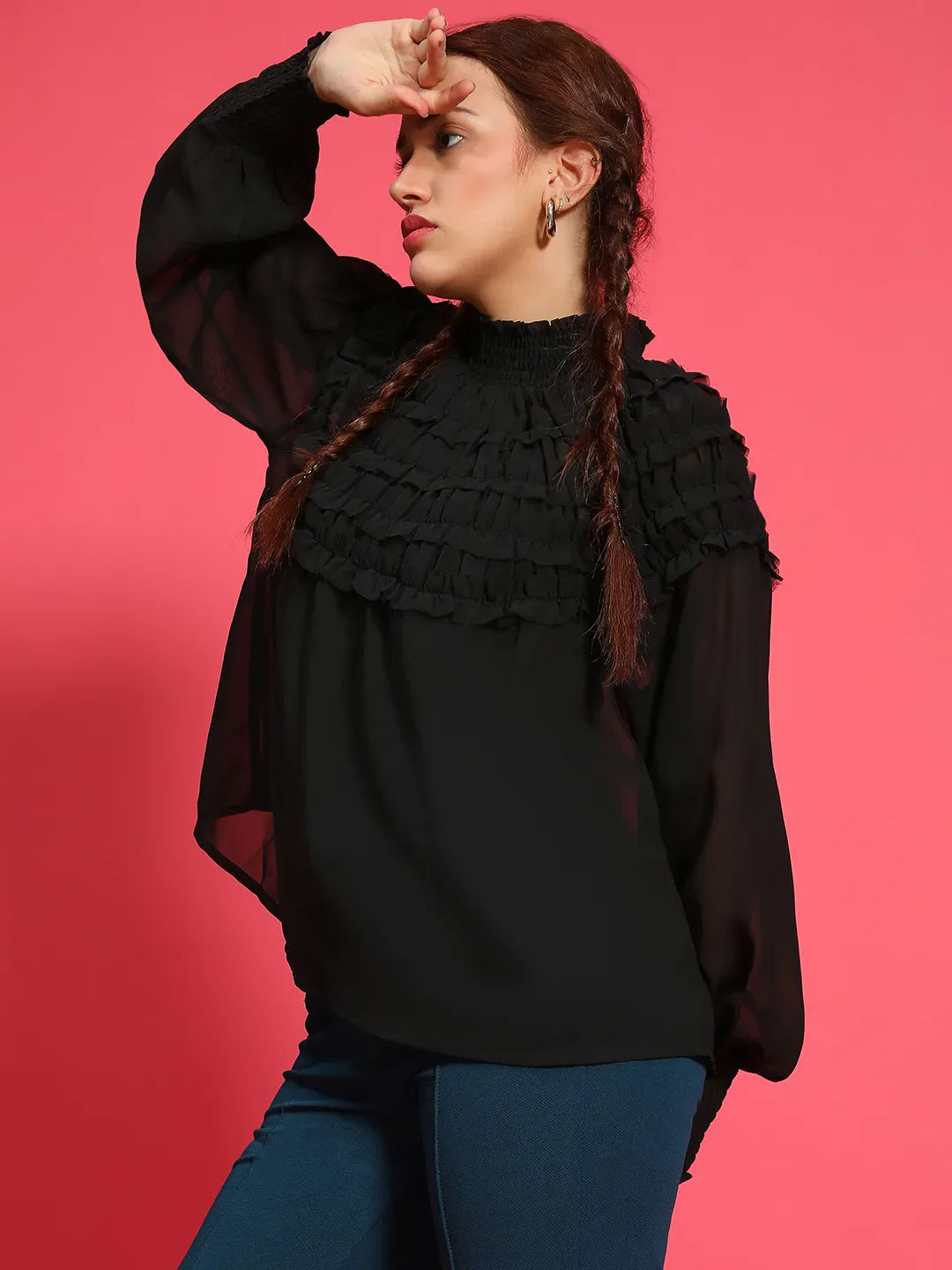 Top Up Black Long Sleeve Frill Detail Semi Sheer Women Top