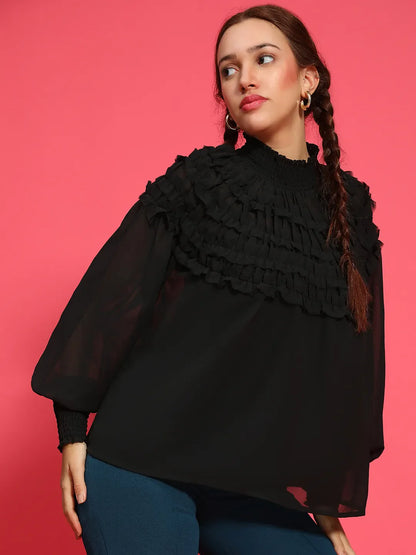 Top Up Black Long Sleeve Frill Detail Semi Sheer Women Top