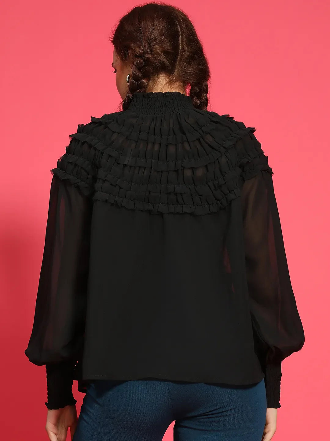 Top Up Black Long Sleeve Frill Detail Semi Sheer Women Top