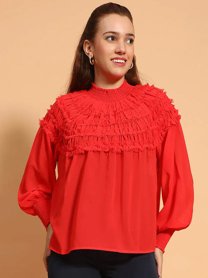 Whole Red Long Sleeve Frill Detail Semi Sheer Women Top