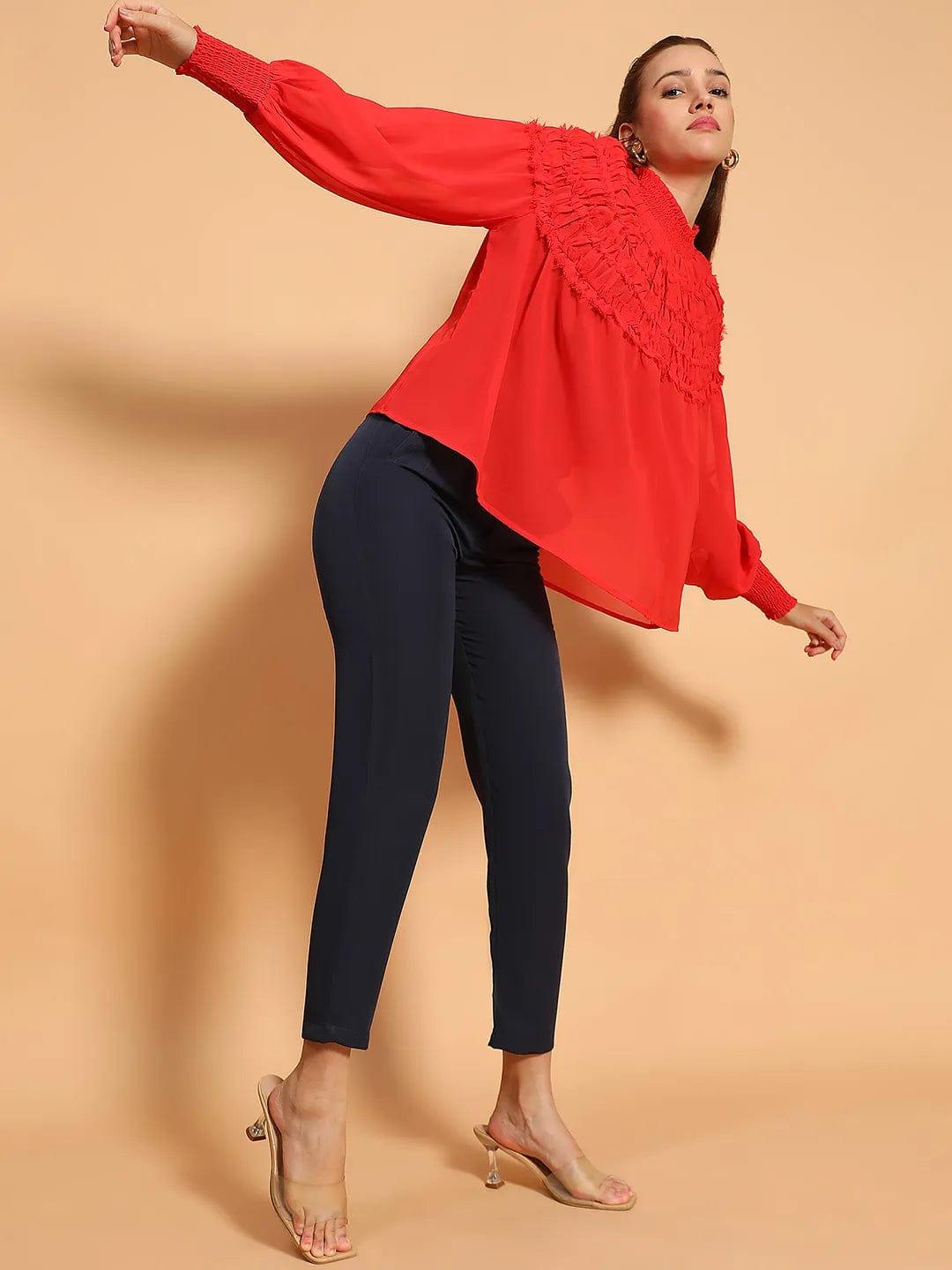 Whole Red Long Sleeve Frill Detail Semi Sheer Women Top