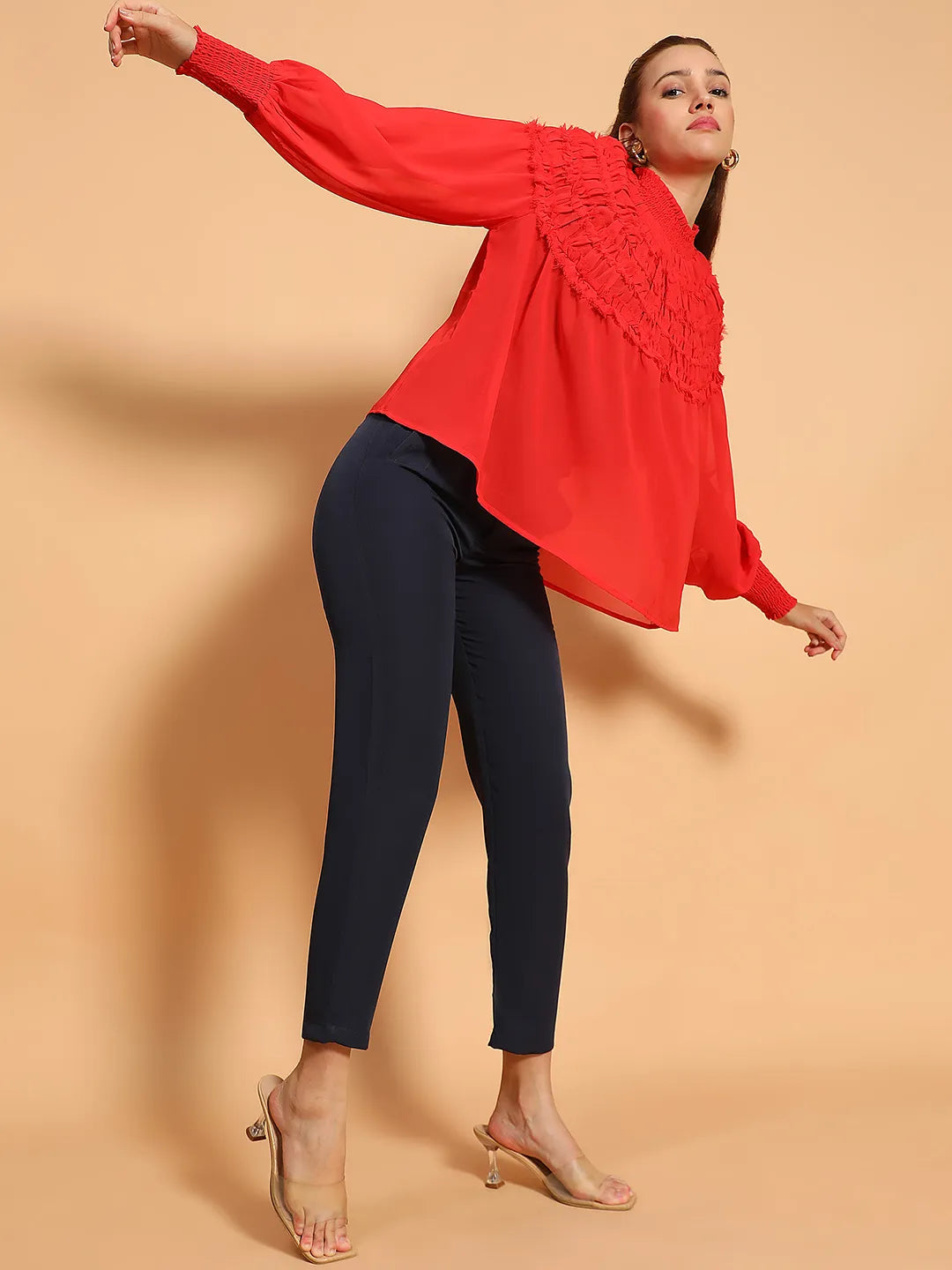 Whole Red Long Sleeve Frill Detail Semi Sheer Women Top