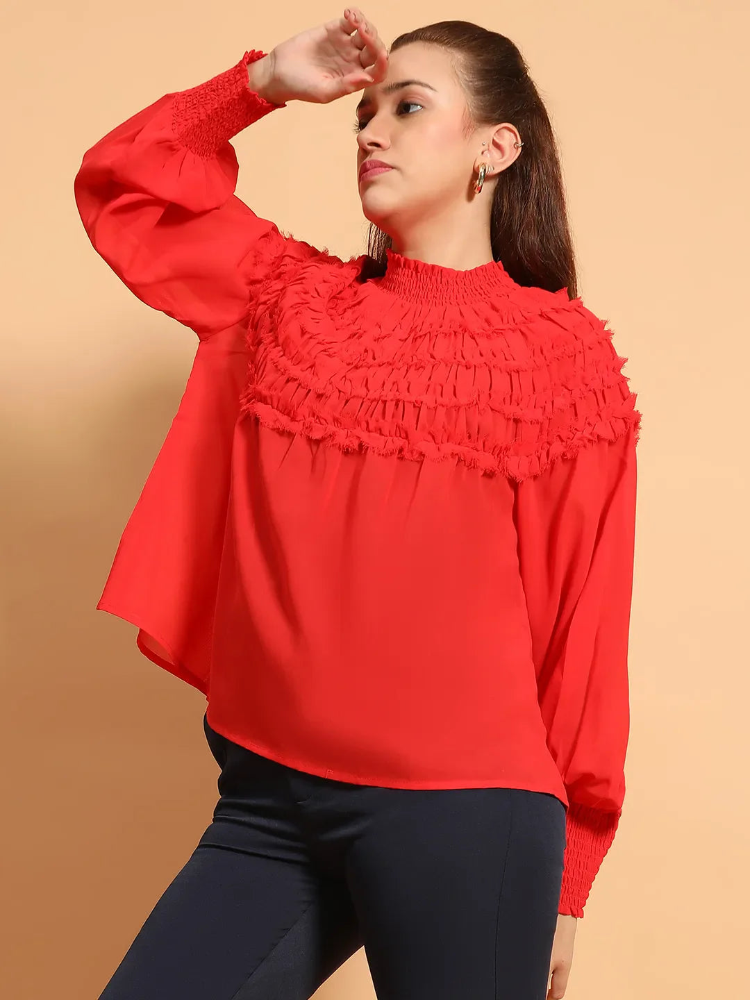 Whole Red Long Sleeve Frill Detail Semi Sheer Women Top