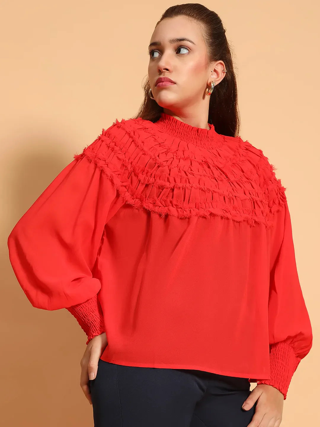 Whole Red Long Sleeve Frill Detail Semi Sheer Women Top