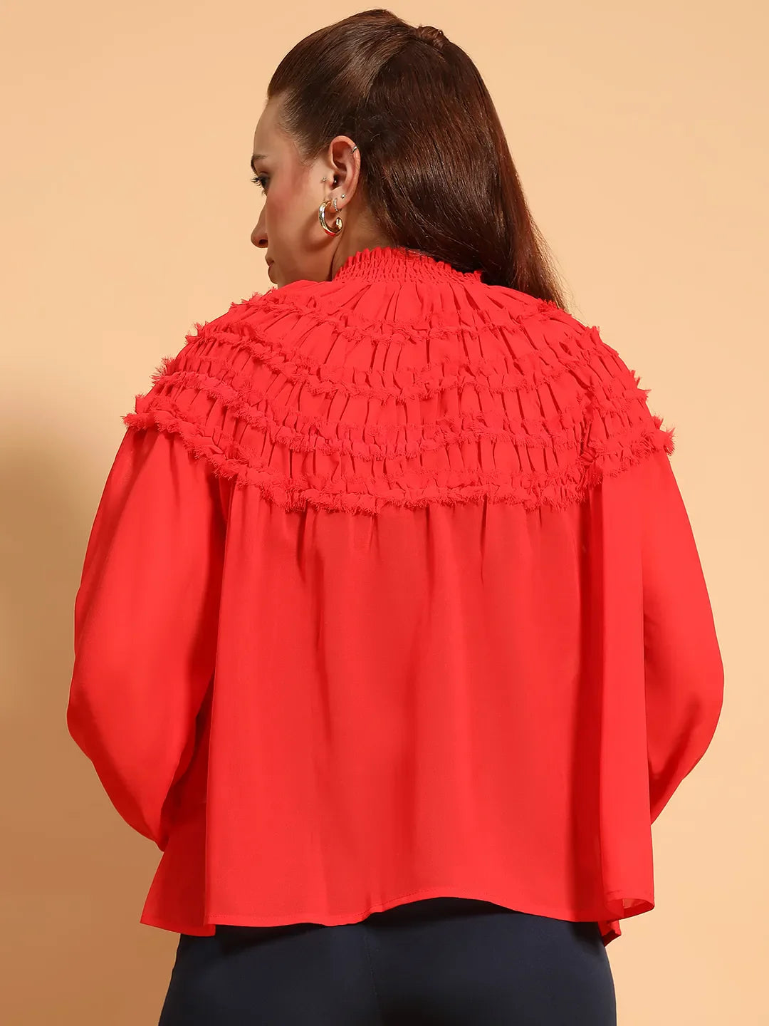 Whole Red Long Sleeve Frill Detail Semi Sheer Women Top