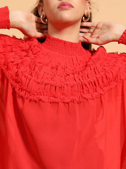 Whole Red Long Sleeve Frill Detail Semi Sheer Women Top