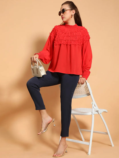 Whole Red Long Sleeve Frill Detail Semi Sheer Women Top