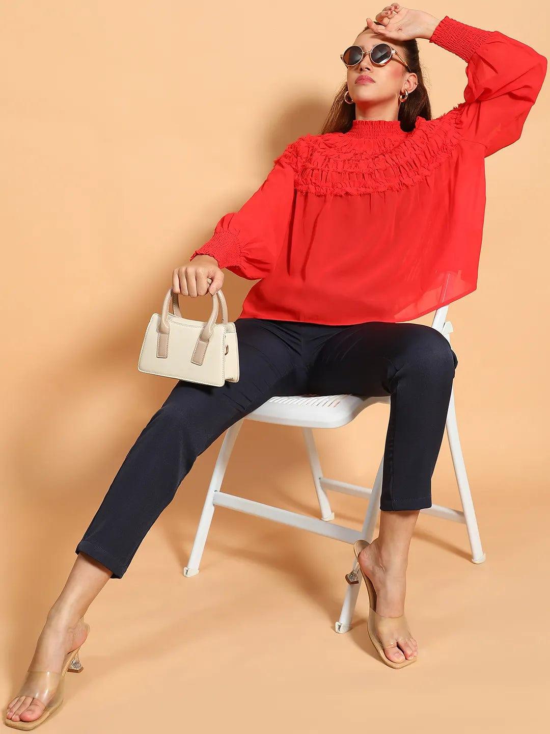 Whole Red Long Sleeve Frill Detail Semi Sheer Women Top