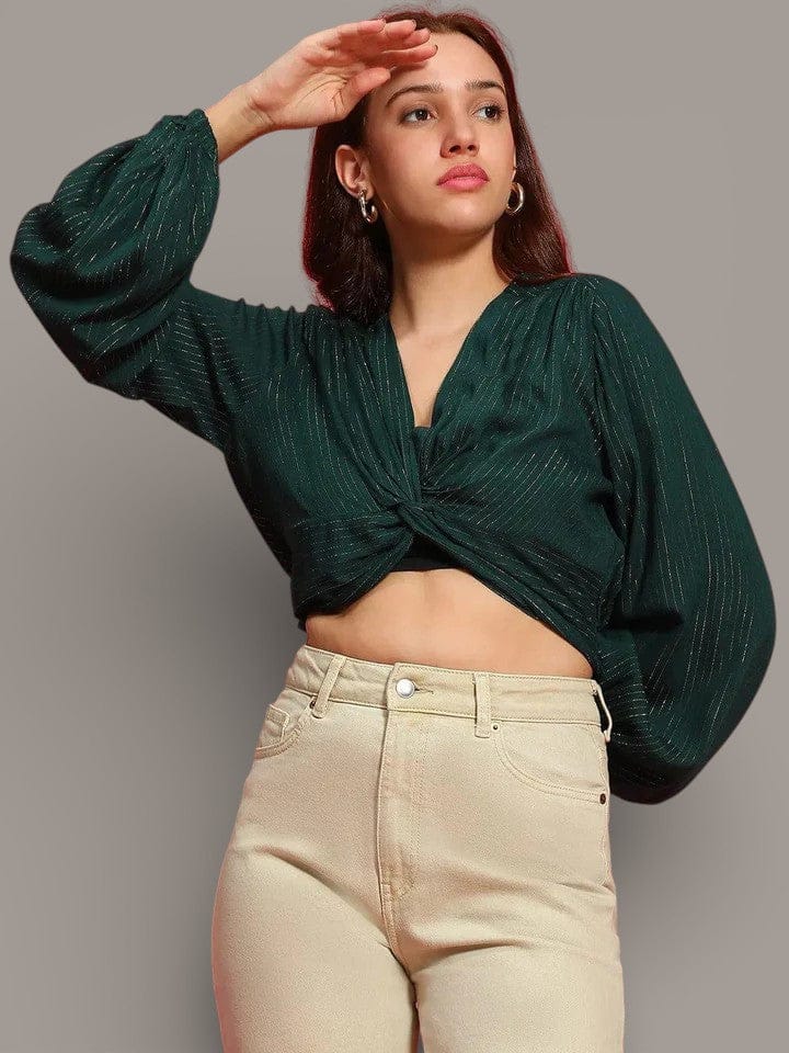 Green Crop Top - Pleated Long Sleeve Women's Party Blouse With Subtle Shimmer