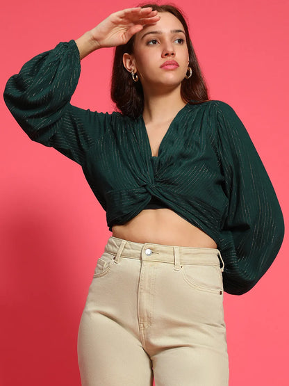 Chic Green Long Sleeve Gathered Pleated Lurex  Women Crop Top