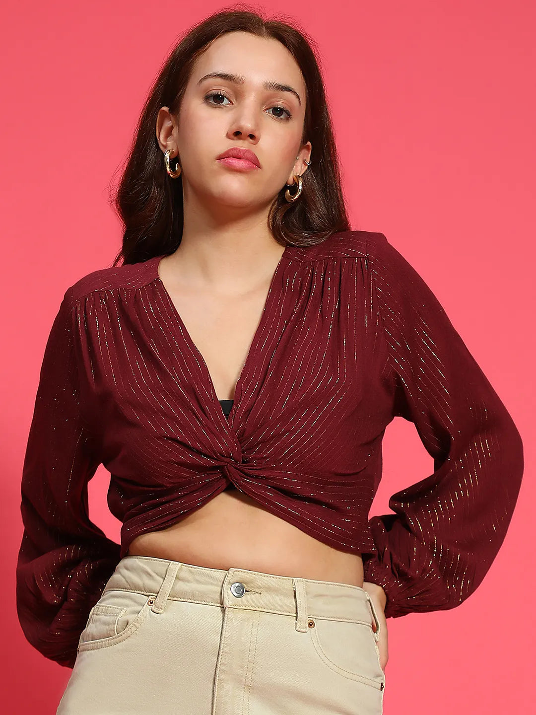 Iconic Maroon Long Sleeve Gathered Pleated Lurex  Women Crop Top