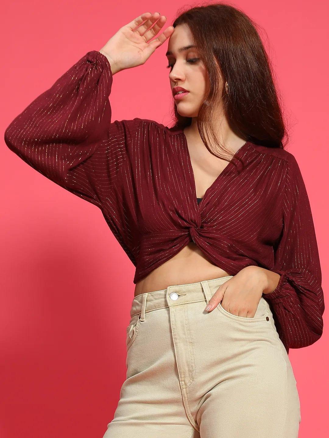 Iconic Maroon Long Sleeve Gathered Pleated Lurex  Women Crop Top