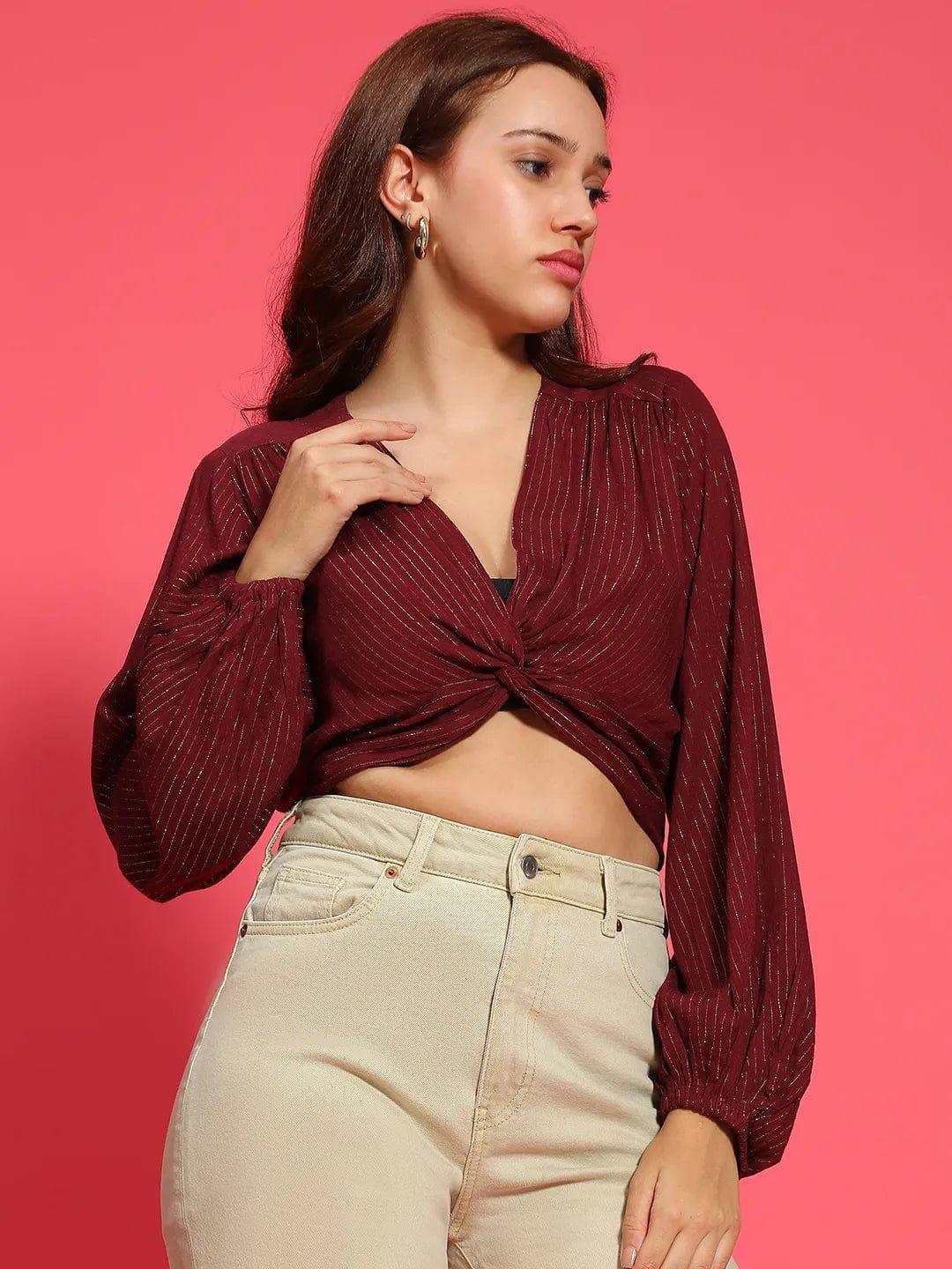 Iconic Maroon Long Sleeve Gathered Pleated Lurex  Women Crop Top