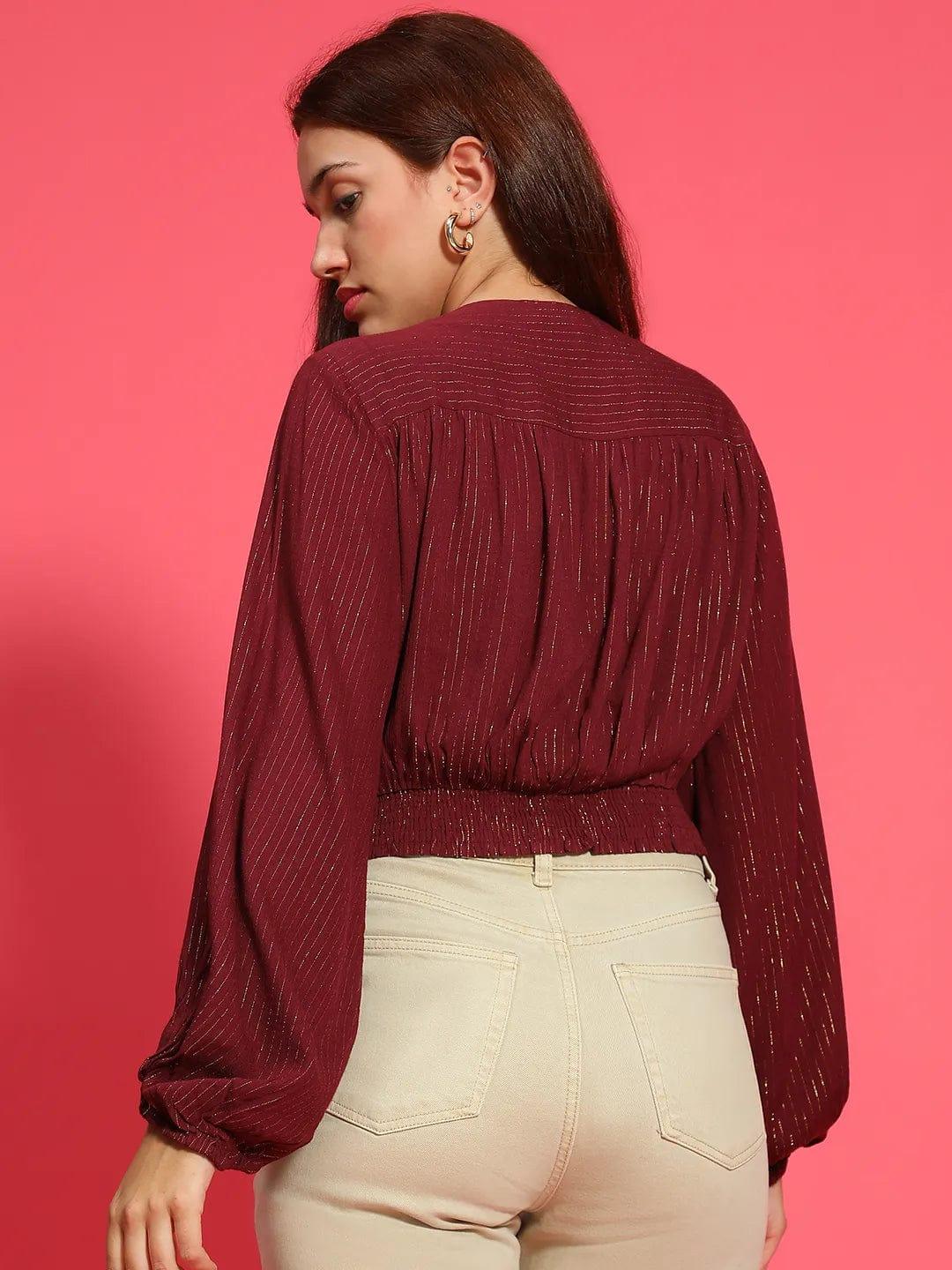 Iconic Maroon Long Sleeve Gathered Pleated Lurex  Women Crop Top