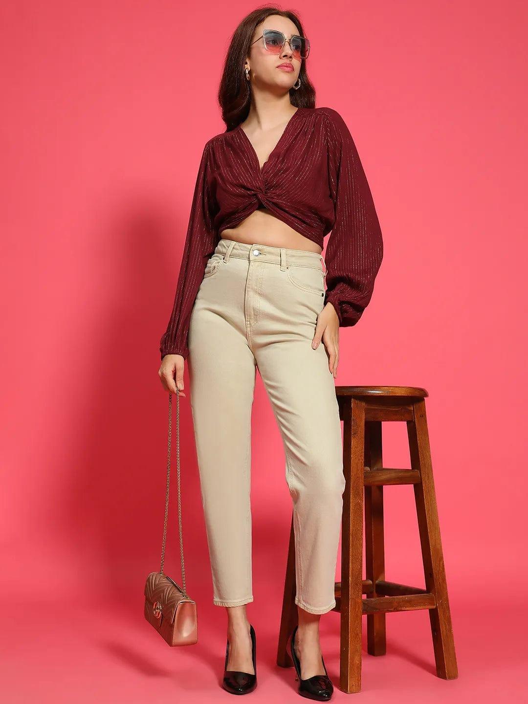 Iconic Maroon Long Sleeve Gathered Pleated Lurex  Women Crop Top