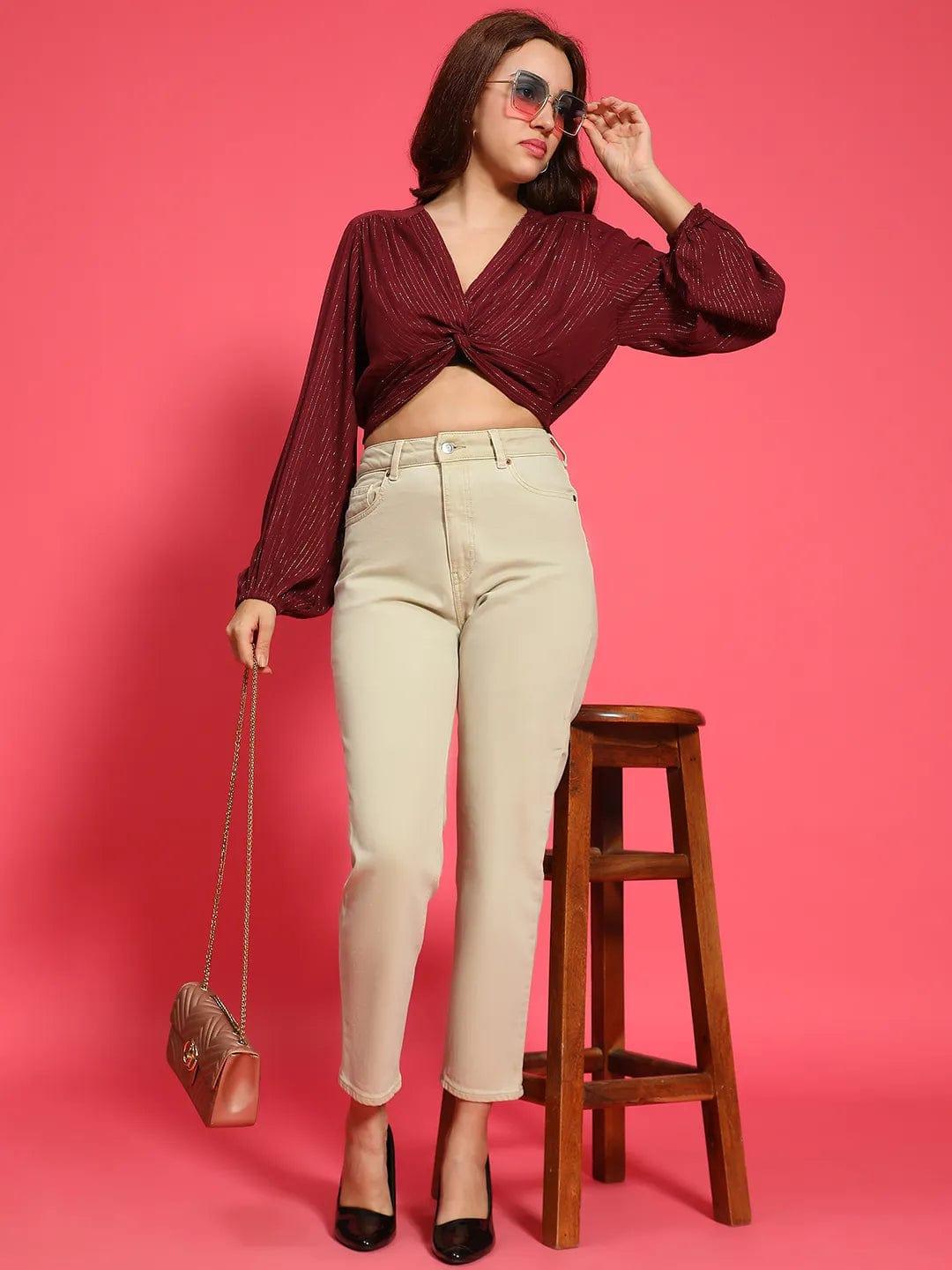 Iconic Maroon Long Sleeve Gathered Pleated Lurex  Women Crop Top