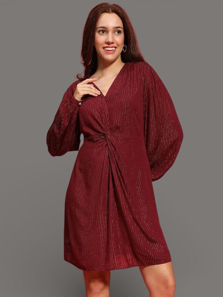 Maroon Lurex Dress Women's Party Long Sleeve Gathered Pleated Crepe Dress