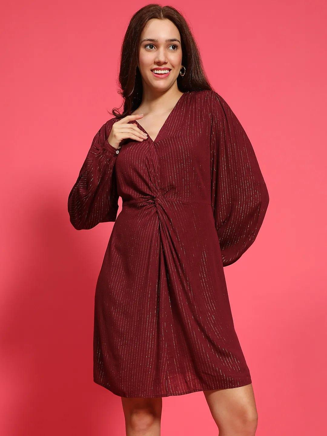 Maroon Long Sleeve Gathered Pleated Women Lurex Dress