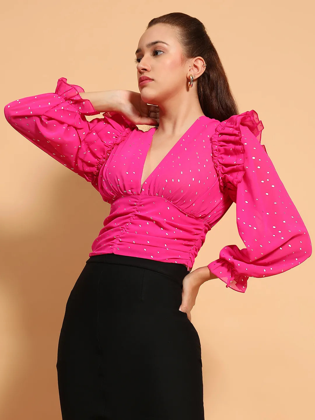 Queeny Pink Long Sleeve Ruffle Detail  Women Crop Top