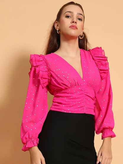 Queeny Pink Long Sleeve Ruffle Detail  Women Crop Top