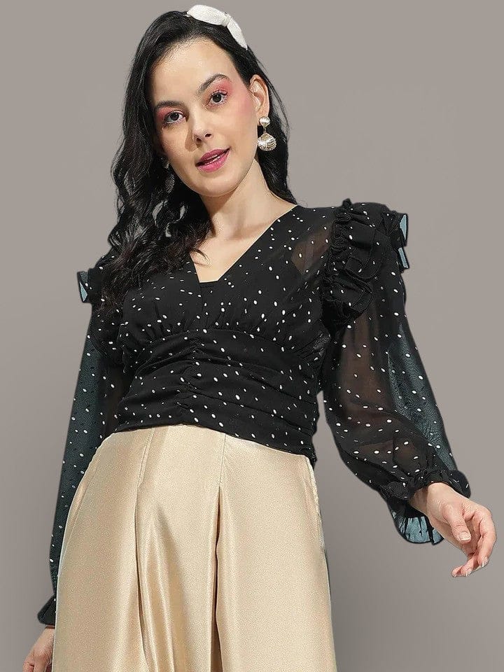 Black Ruffle Crop Top - Long Sleeve Women's Party Blouse With Flattering Pleats