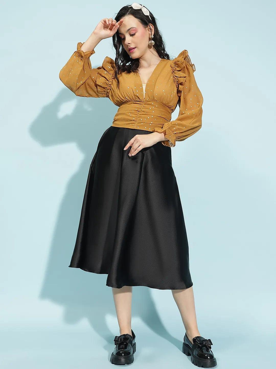 Mustard Long Sleeve Ruffle Detail  Women Crop Top