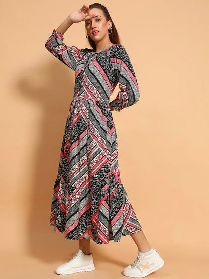 Multicolor Floral Print Long Sleeve Women Maxi Dress