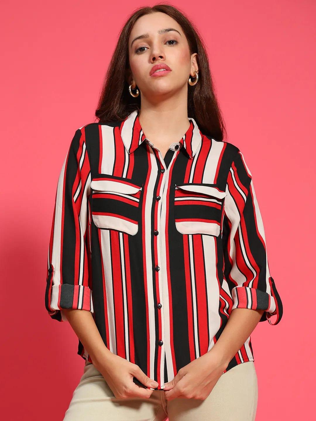 Women Stripe Print Long Sleeve Collared Multicolor Top With Pockets