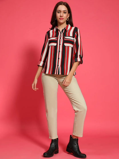 Women Stripe Print Long Sleeve Collared Multicolor Top With Pockets