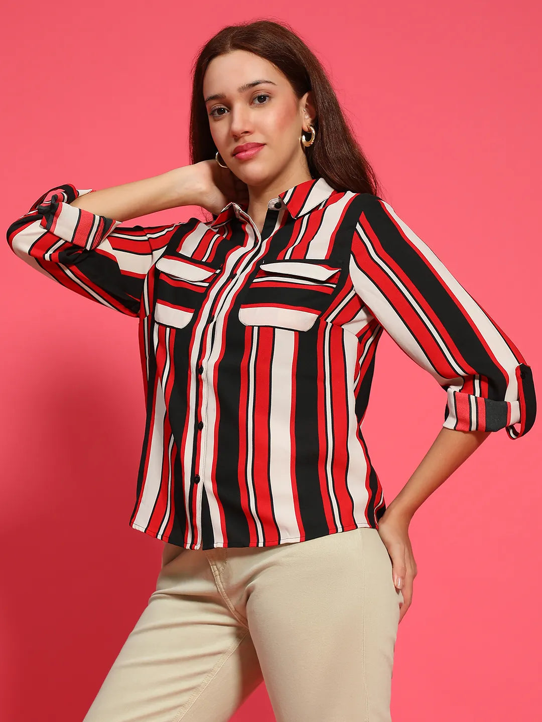 Women Stripe Print Long Sleeve Collared Multicolor Top With Pockets