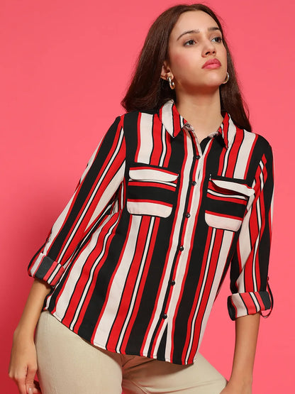 Women Stripe Print Long Sleeve Collared Multicolor Top With Pockets