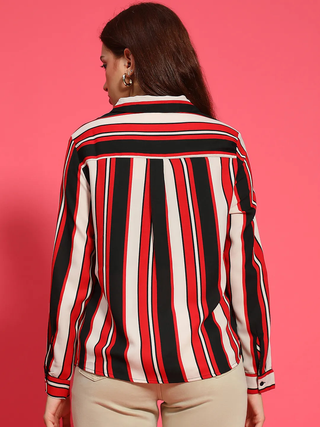 Women Stripe Print Long Sleeve Collared Multicolor Top With Pockets