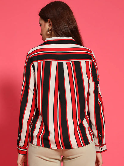 Women Stripe Print Long Sleeve Collared Multicolor Top With Pockets