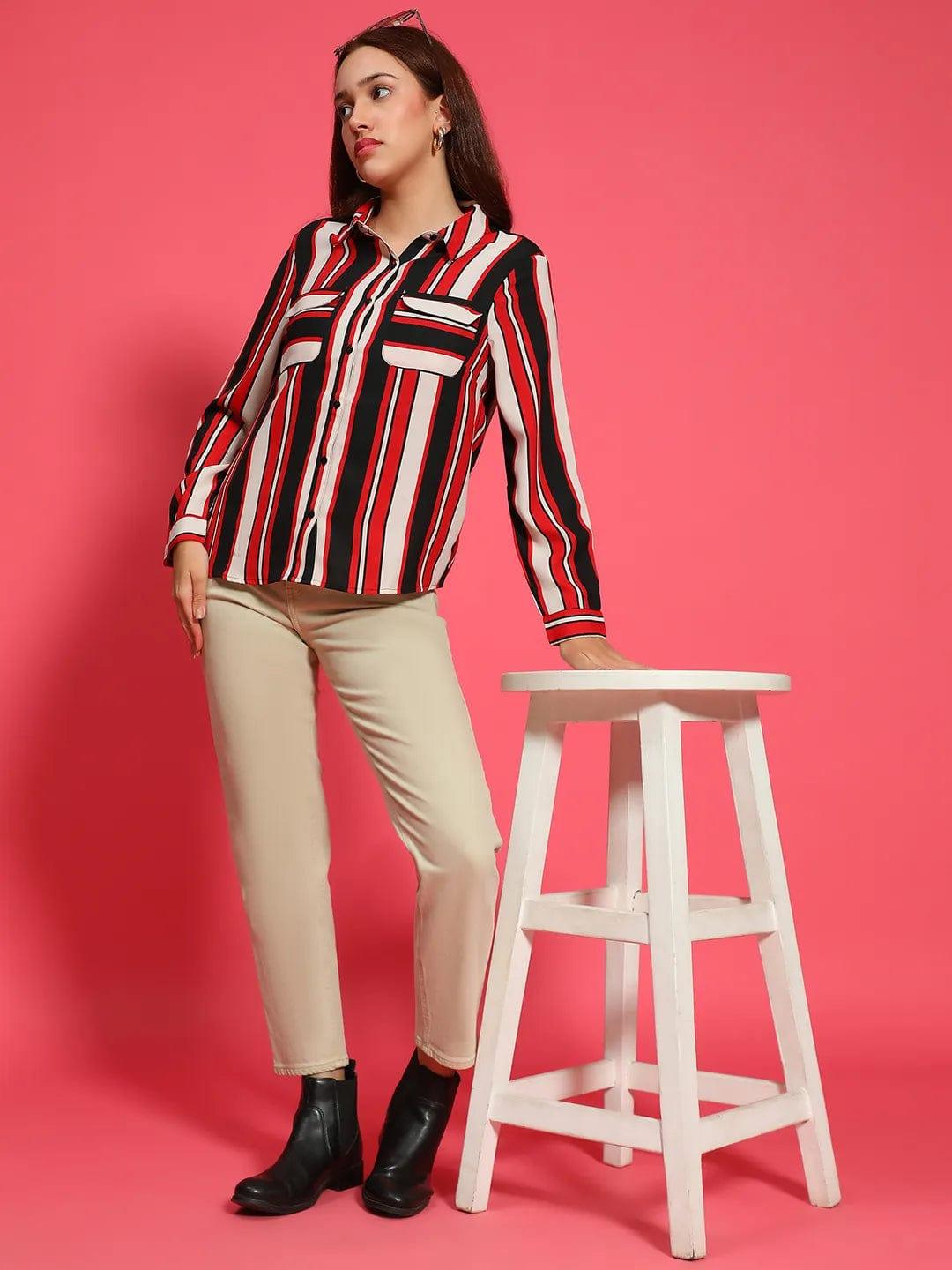 Women Stripe Print Long Sleeve Collared Multicolor Top With Pockets