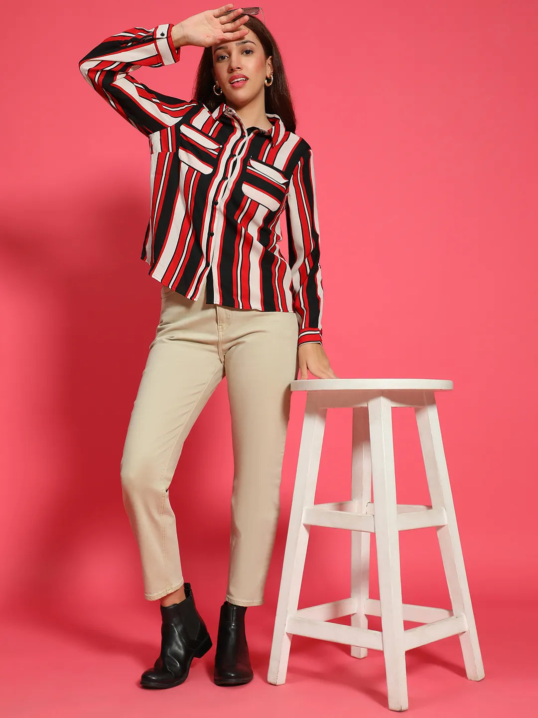 Women Stripe Print Long Sleeve Collared Multicolor Top With Pockets