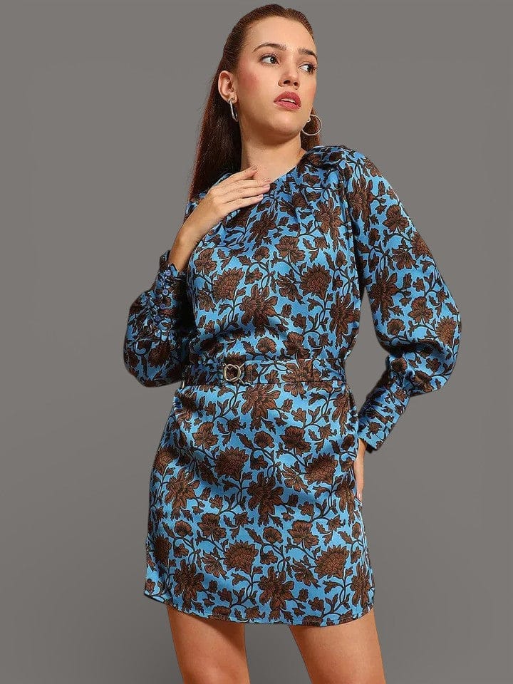 Blue Floral Satin Dress - Women's Long Sleeve Printed Floral Dress With Waist Belt