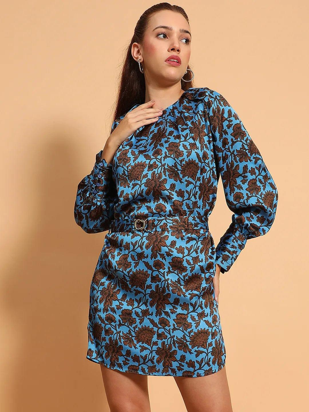 Lively Blue Floral Print Long Sleeve Satin Women Dress With Waist Belt