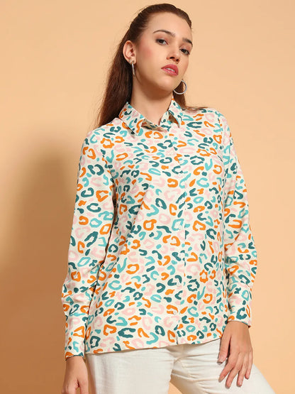 Cool  Multicolor Printed Long Sleeve Collared  Women Shirt