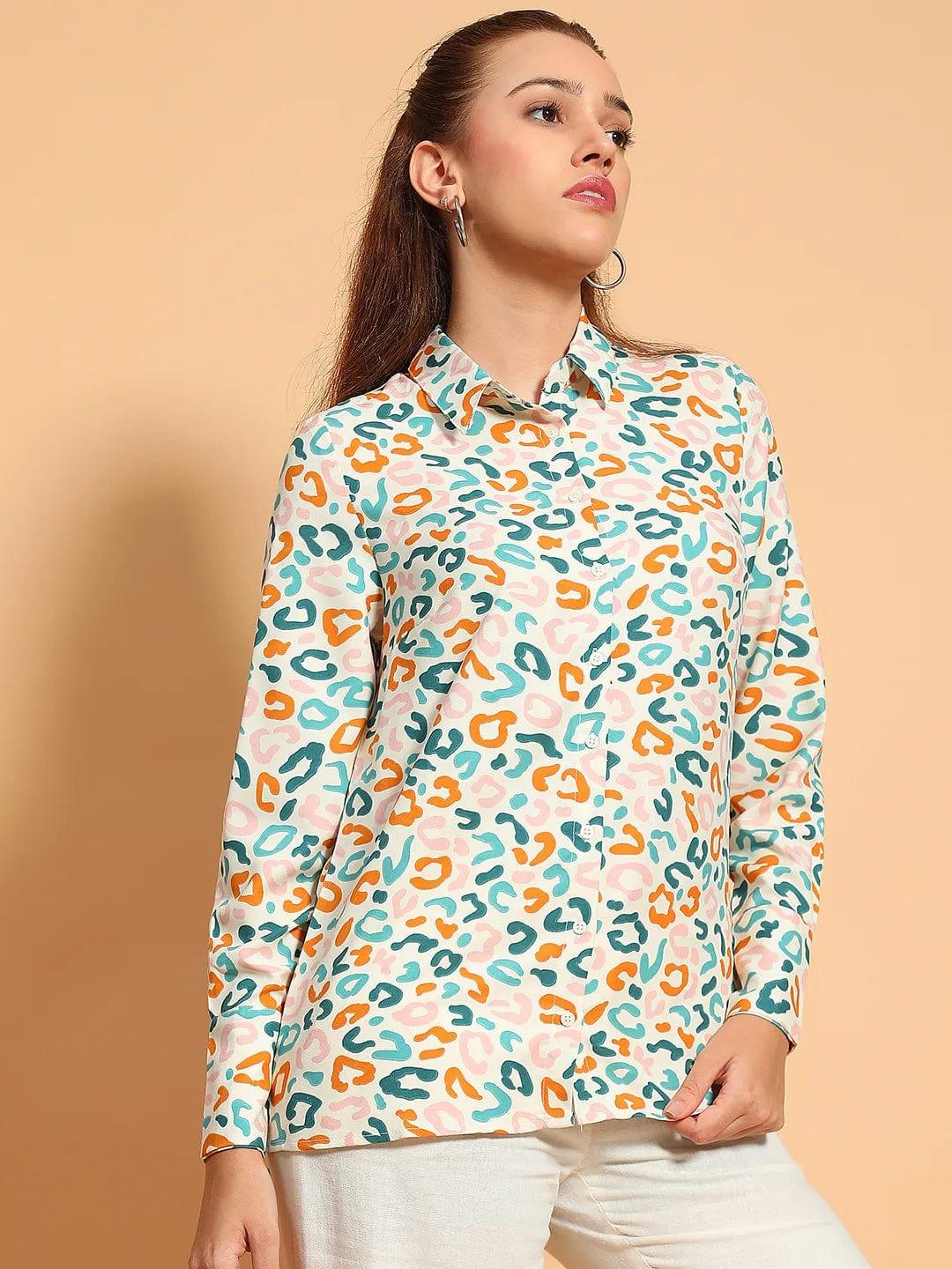 Cool  Multicolor Printed Long Sleeve Collared  Women Shirt